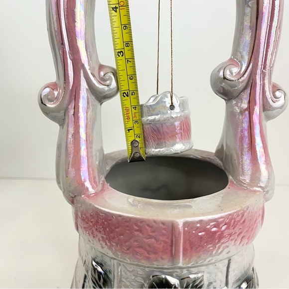 Vintage Mid Century Lusterware Pink Floral Wishing Well Planter & Water Bucket - Picture 9 of 16